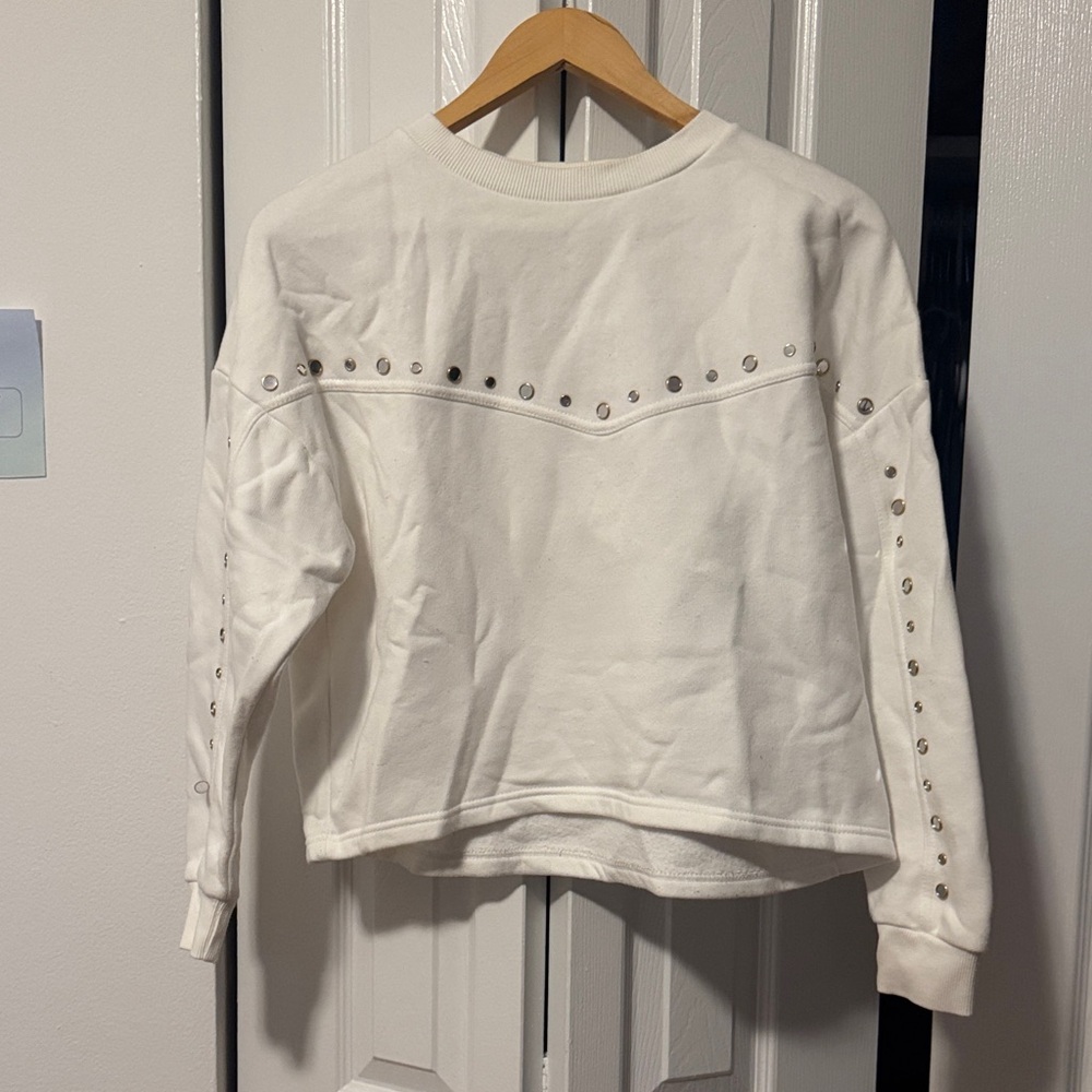 Mango XS White Studded Crewneck Sweater